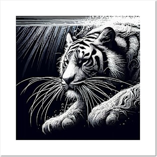 Monochromatic Outline Tiger Swimming in Water Portrait Posters and Art